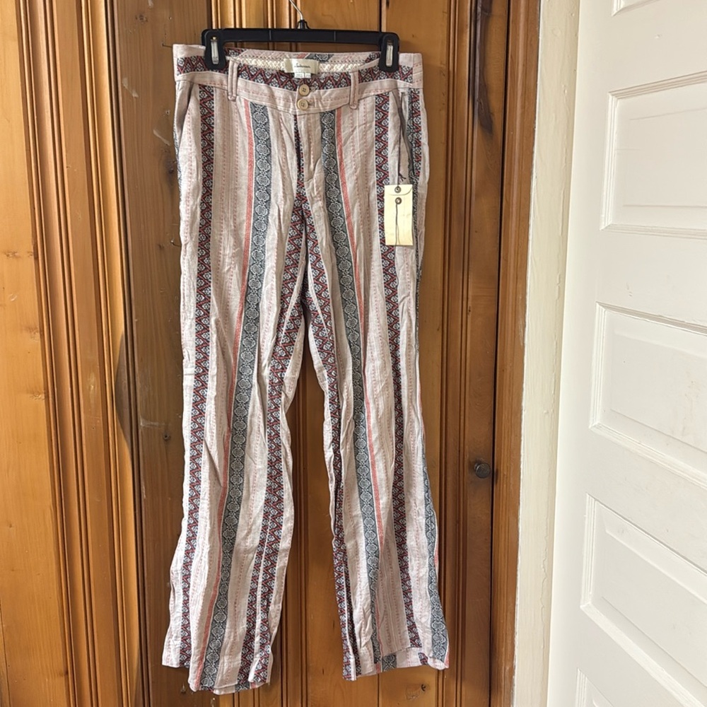 Anthropologie Elevenses Coral, Blue, and White Design Pants